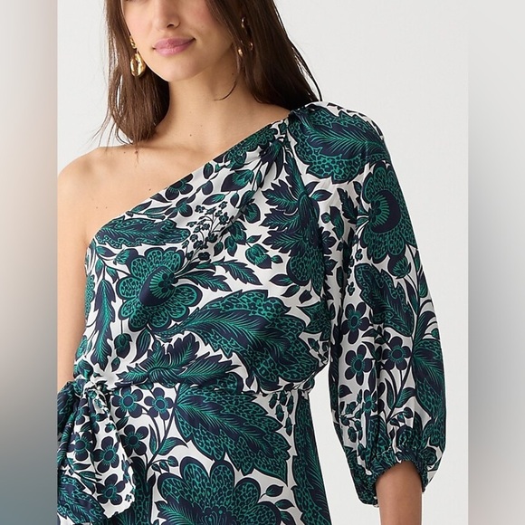 J Crew NWT Collection one-shoulder ruffle-hem dress in emerald floral BK996 - Picture 2 of 8